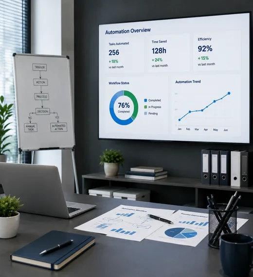 Business automation dashboard showing workflow status and efficiency trends