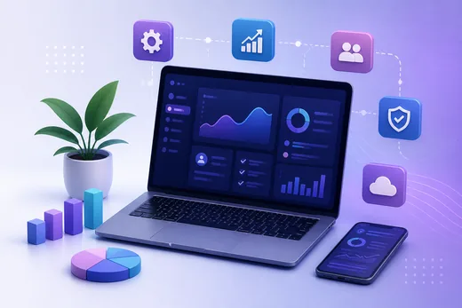 Laptop showing compliance dashboards with reporting, security and cloud exchange components