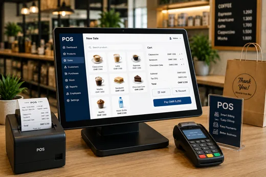 Point of sale terminal billing in Omani Rial with 5% VAT on the receipt