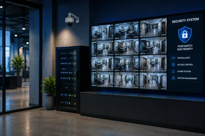 CCTV control room with a multi-camera surveillance wall