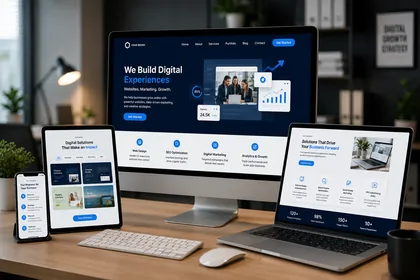 Responsive website shown on desktop, tablet and mobile
